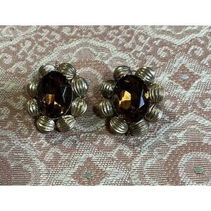 Vintage Gold Beaded And Topaz Clip On Earrings